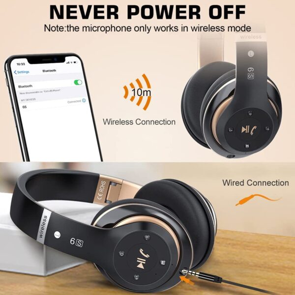 6S Wireless Headphones Over Ear, [52 Hrs Playtime] Hi-Fi Stereo Foldable Wireless Stereo Headsets Earbuds with Built-in Mic,Volume Control, FM (Black & Gold) - Image 3