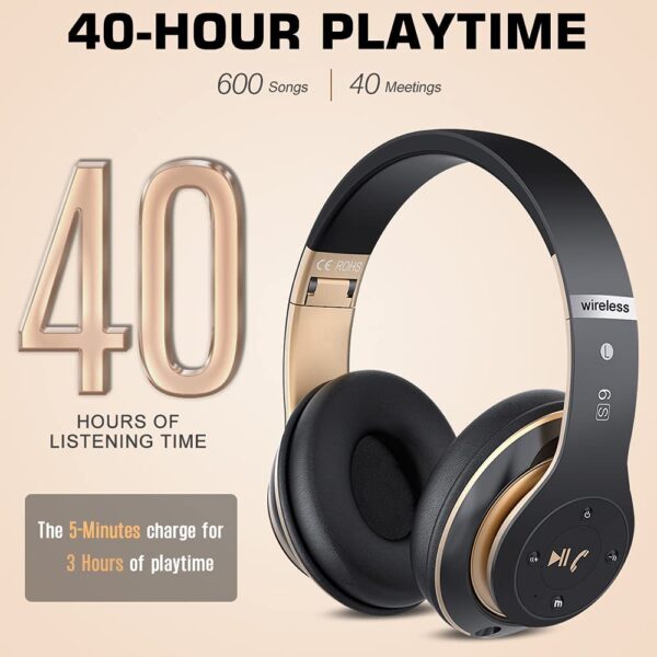 6S Wireless Headphones Over Ear, [52 Hrs Playtime] Hi-Fi Stereo Foldable Wireless Stereo Headsets Earbuds with Built-in Mic,Volume Control, FM (Black & Gold) - Image 4