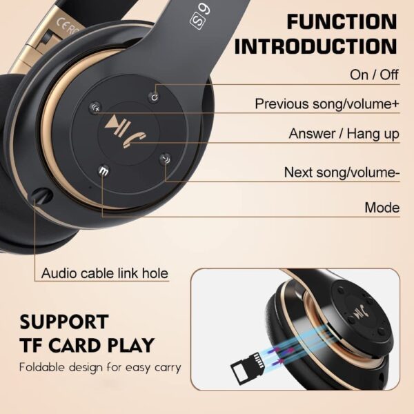 6S Wireless Headphones Over Ear, [52 Hrs Playtime] Hi-Fi Stereo Foldable Wireless Stereo Headsets Earbuds with Built-in Mic,Volume Control, FM (Black & Gold) - Image 5