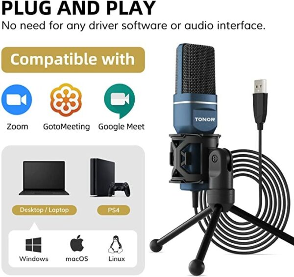 TONOR PC Microphone USB Computer Cardioid Condenser with Tripod Stand & Pop Filter - Image 4