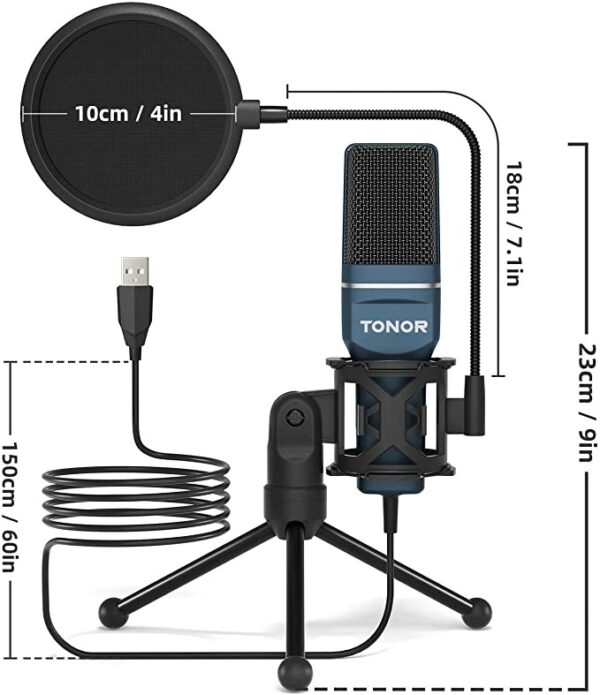 TONOR PC Microphone USB Computer Cardioid Condenser with Tripod Stand & Pop Filter - Image 3
