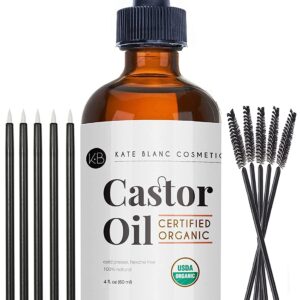 Organic Castor Oil (4oz), USDA Certified, 100% Pure, Cold Pressed, Hexane Free by Kate Blanc. Stimulate Growth for Eyelashes, Eyebrows, Hair. Skin Moisturizer & Oil Cleanse with Starter Kit
