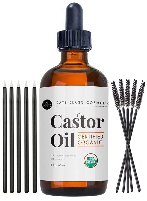 Organic Castor Oil (4oz), USDA Certified, 100% Pure, Cold Pressed, Hexane Free by Kate Blanc. Stimulate Growth for Eyelashes, Eyebrows, Hair. Skin Moisturizer & Oil Cleanse with Starter Kit